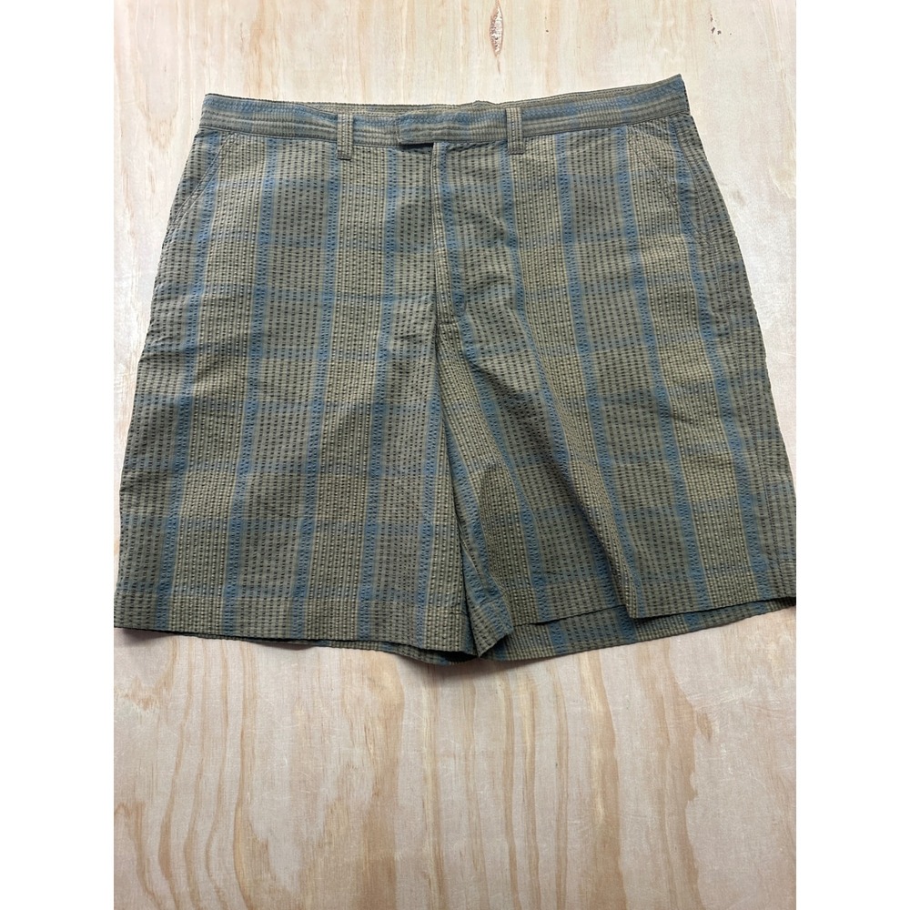 Patagonia Mens 38 Organic‎ Cotton Seersucker Plaid Shorts Olive Green Blue 8.5"